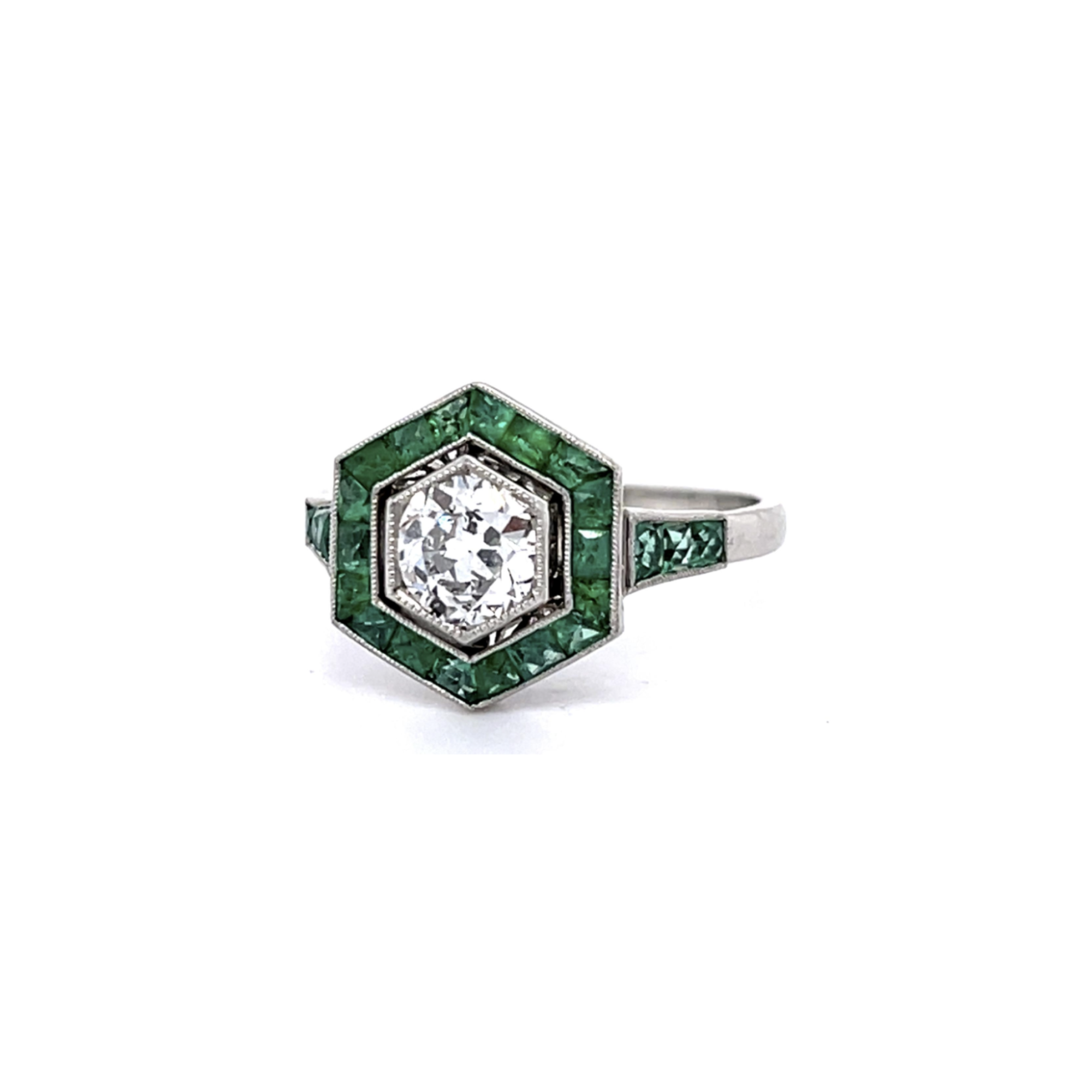 PAGE Estate Ring Estate Platinum Old European-Cut Diamond & French-Cut Emerald Ring 7.25