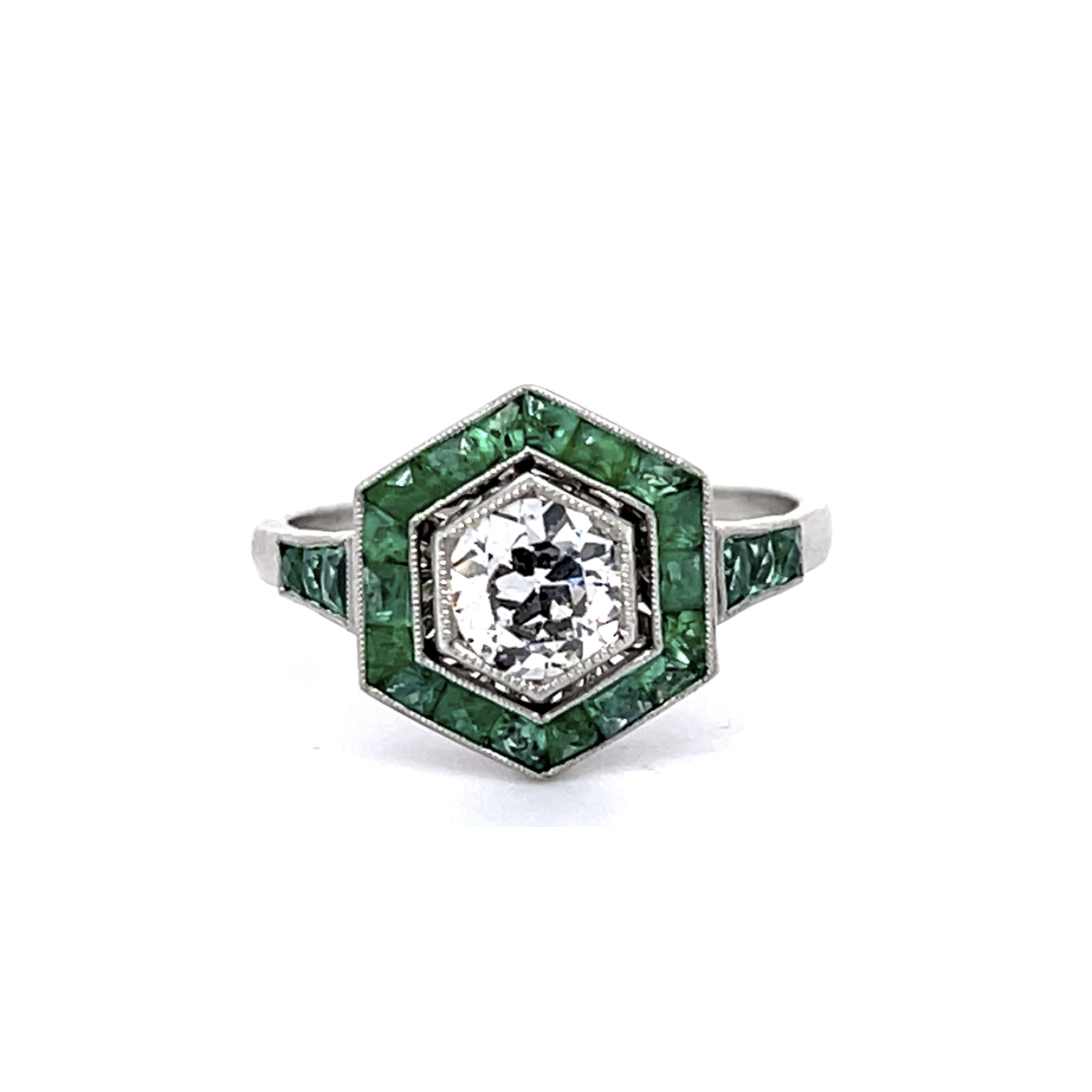 PAGE Estate Ring Estate Platinum Old European-Cut Diamond & French-Cut Emerald Ring 7.25