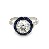 PAGE Estate Ring Estate Platinum Old European-Cut Diamond & French-Cut Sapphire Halo Ring 7