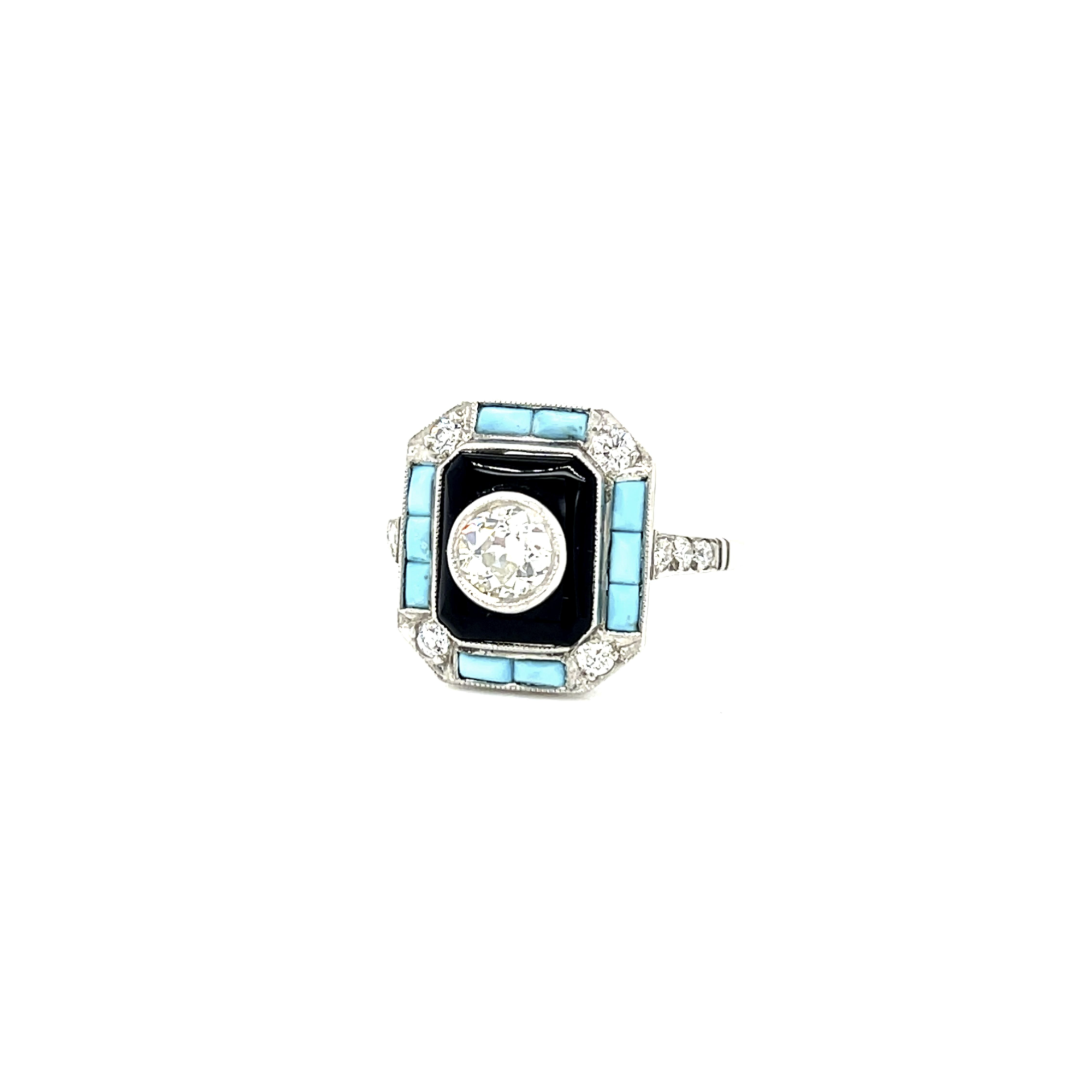 PAGE Estate Ring Estate Platinum Old European-Cut Diamond, Turquoise & Onyx Ring