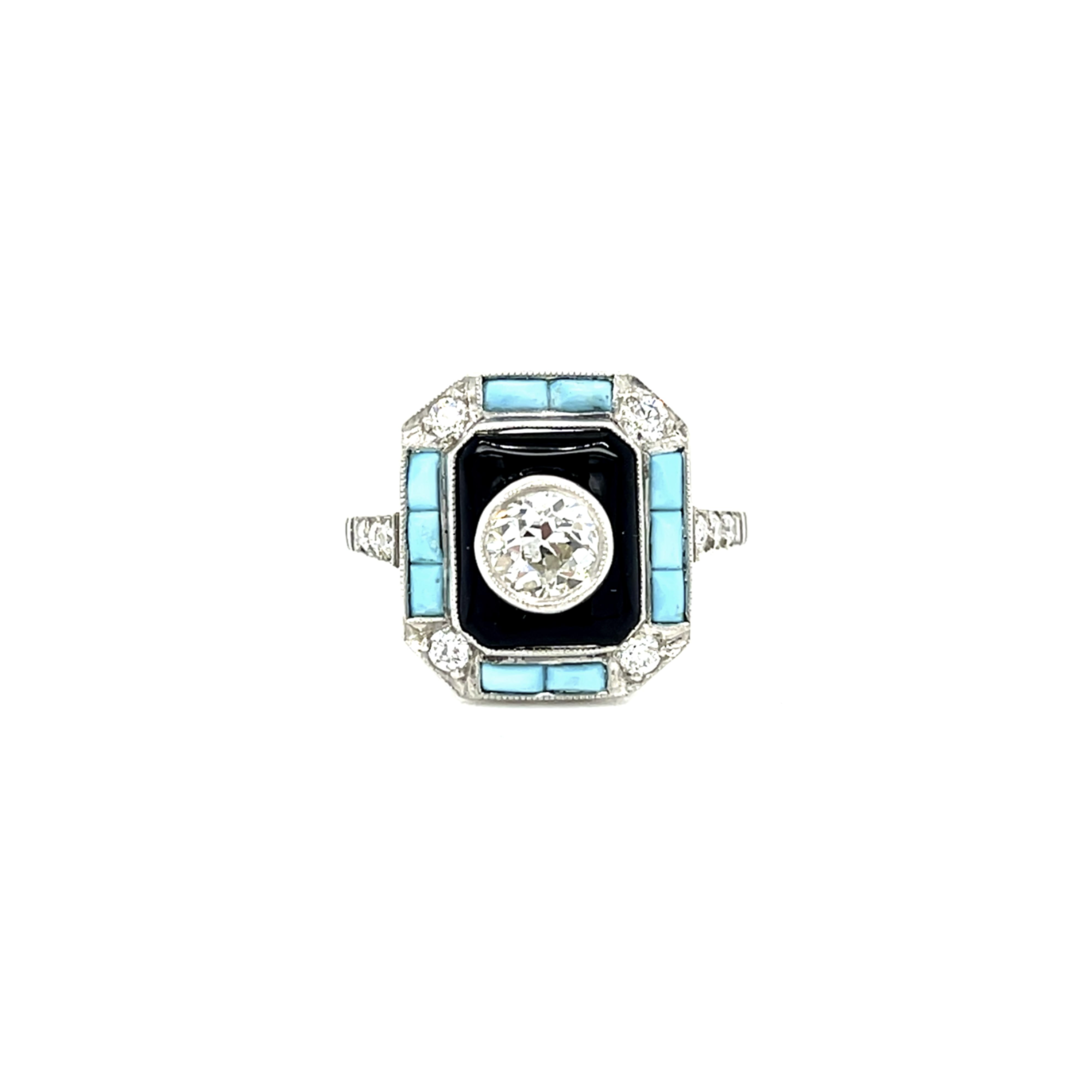 PAGE Estate Ring Estate Platinum Old European-Cut Diamond, Turquoise & Onyx Ring