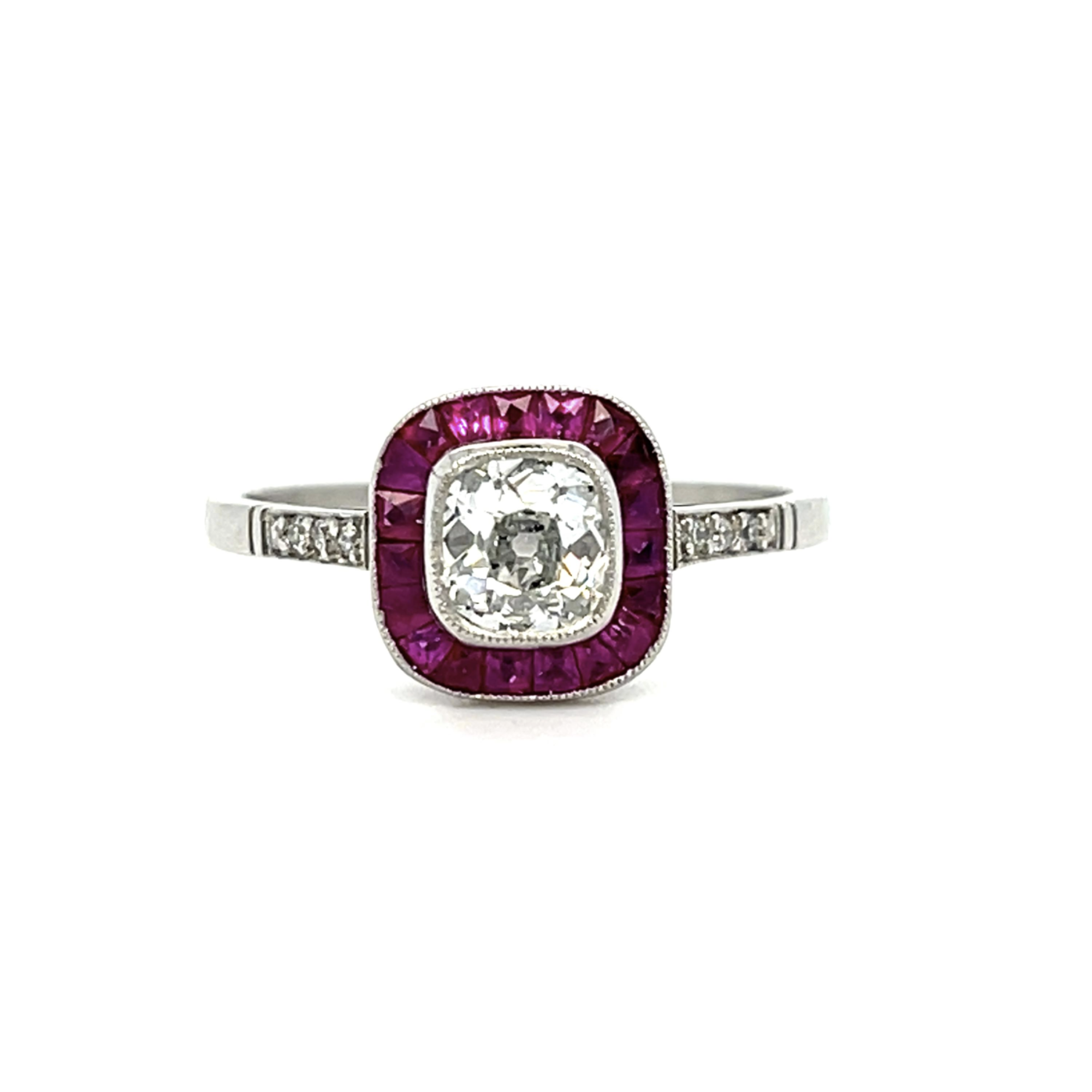 PAGE Estate Ring Estate Platinum Old Mine-Cut Diamond & Ruby Halo Ring 6