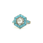 PAGE Estate Ring Estate Platinum Old Mine-Cut Diamond & Turquoise Halo Ring