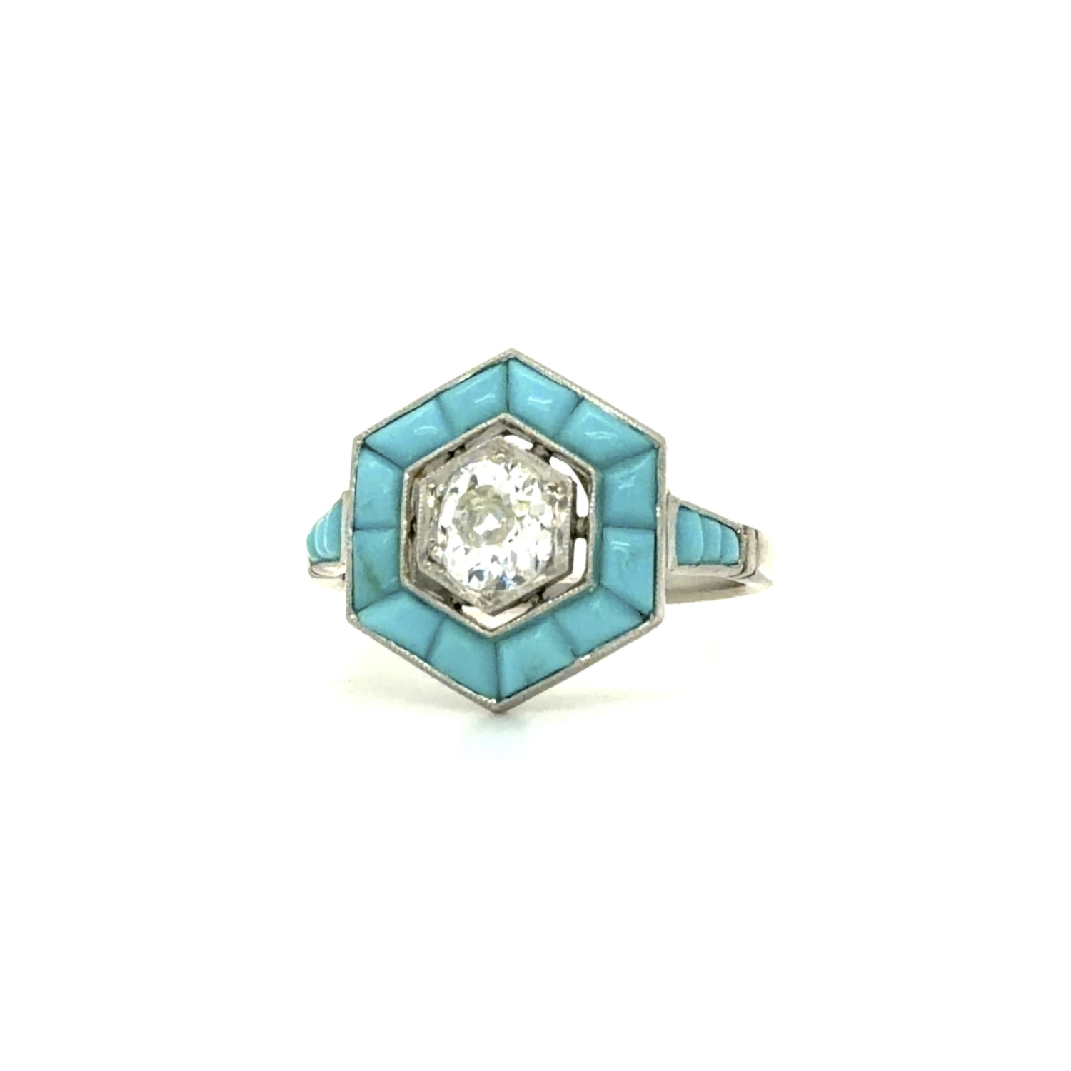 PAGE Estate Ring Estate Platinum Old Mine-Cut Diamond & Turquoise Halo Ring