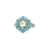 PAGE Estate Ring Estate Platinum Old Mine-Cut Diamond & Turquoise Halo Ring