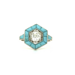 PAGE Estate Ring Estate Platinum Old Mine-Cut Diamond & Turquoise Halo Ring