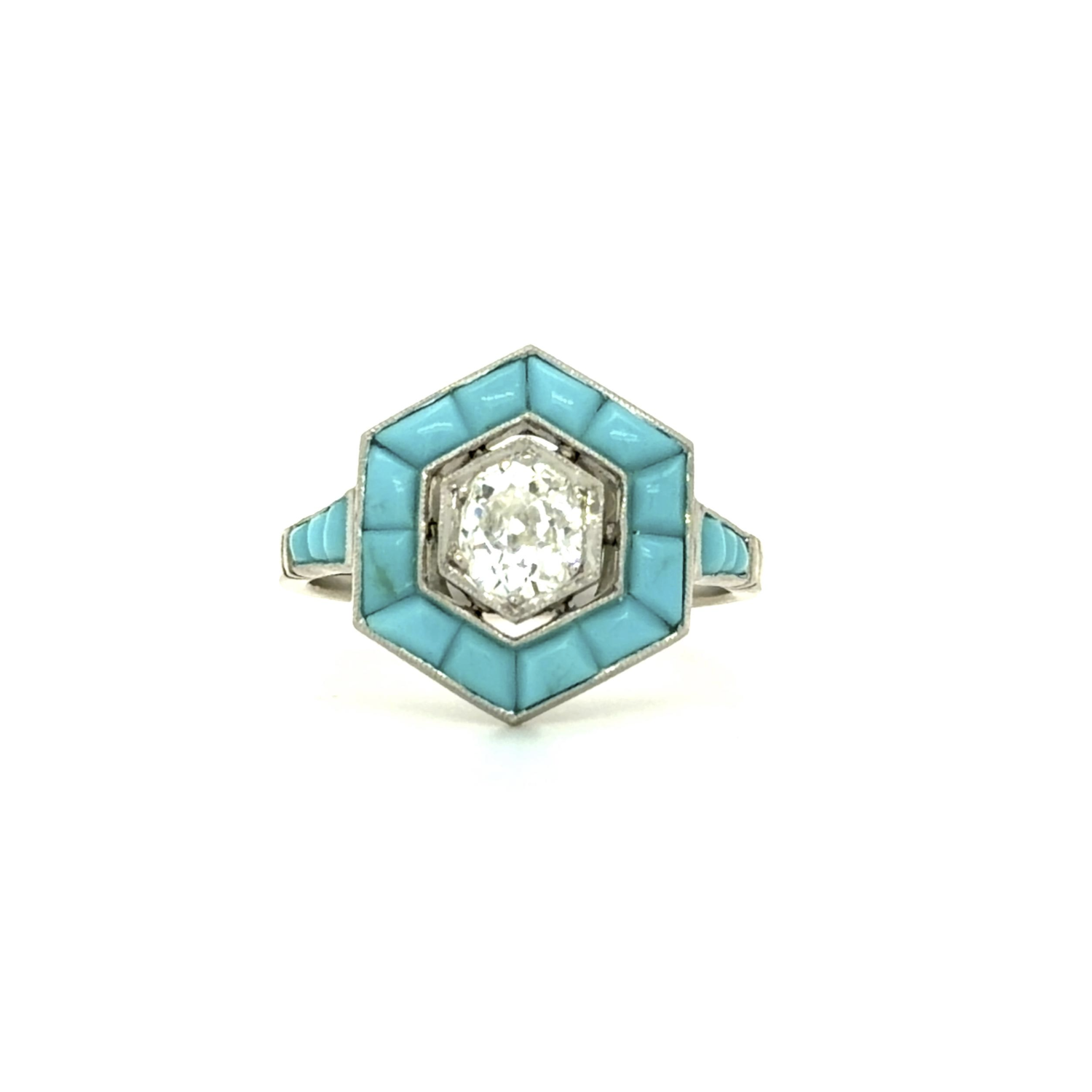 PAGE Estate Ring Estate Platinum Old Mine-Cut Diamond & Turquoise Halo Ring