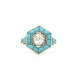 PAGE Estate Ring Estate Platinum Old Mine-Cut Diamond & Turquoise Halo Ring