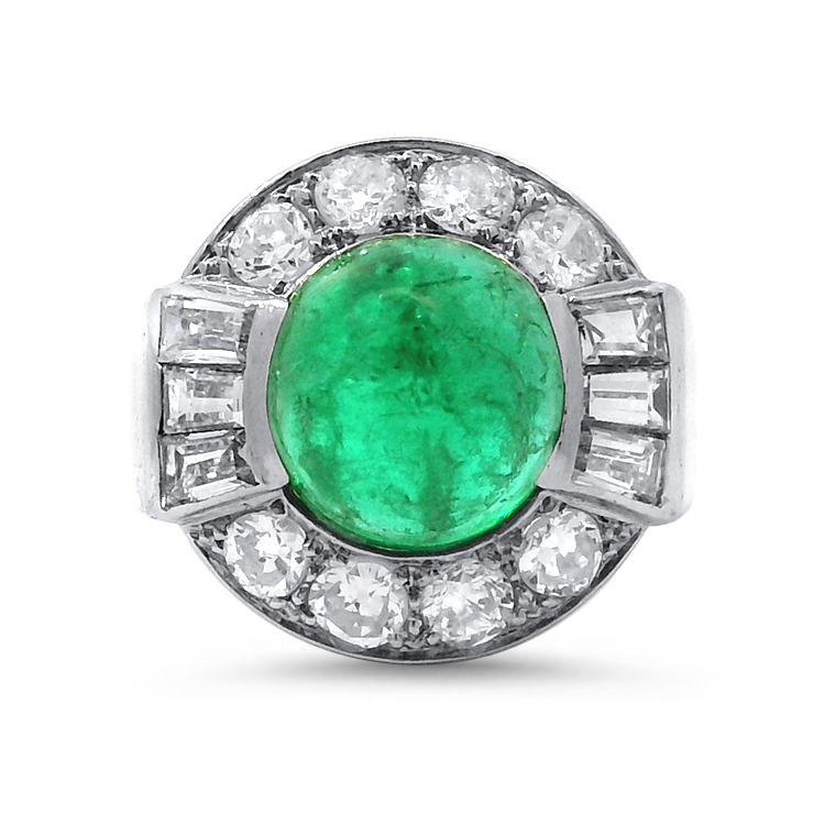PAGE Estate Ring Estate Platinum Retro Emerald and Diamond Ring 4.5