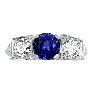 PAGE Estate Ring Estate Platinum Round Blue Sapphire and Diamond Ring 6.75