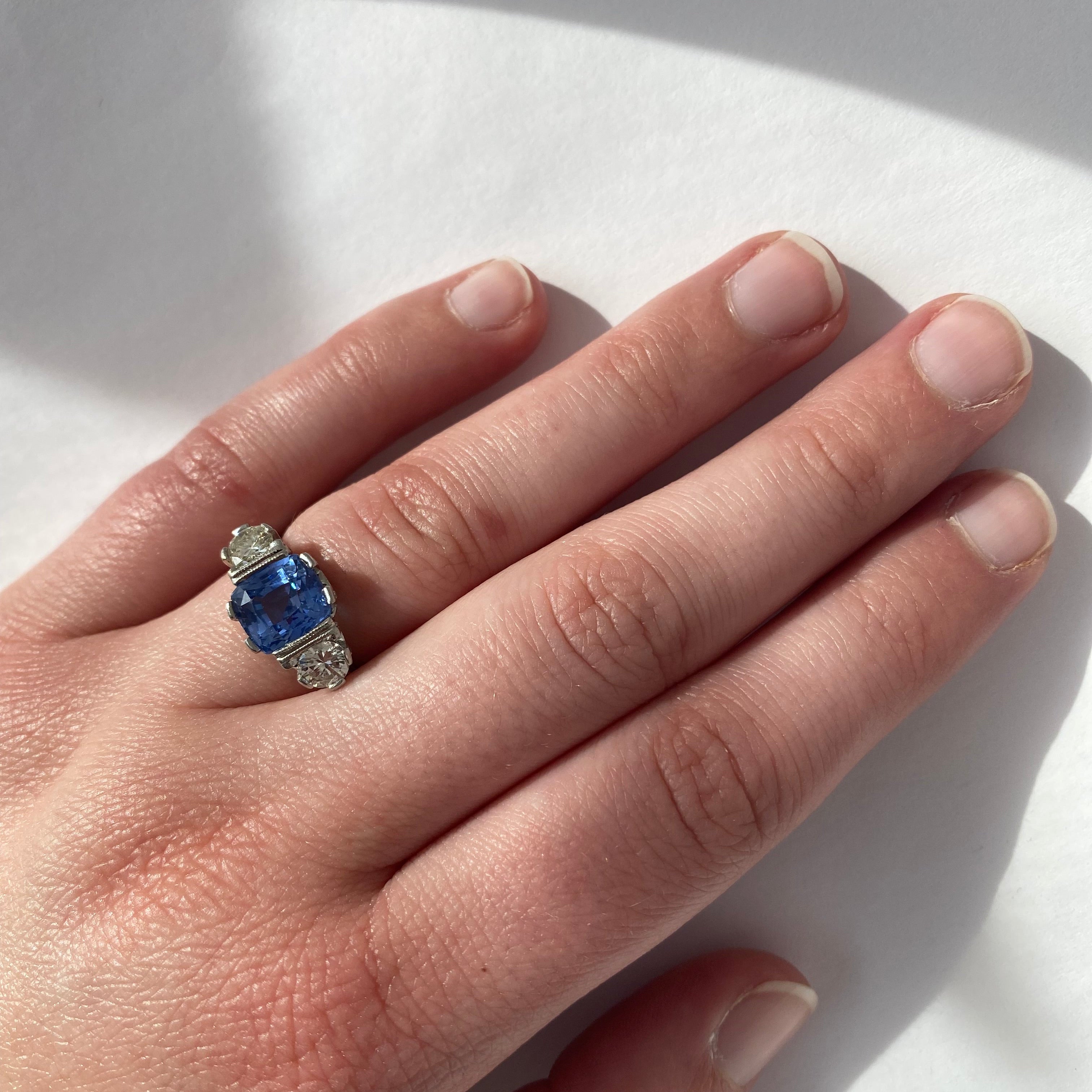 PAGE Estate Ring Estate Platinum Three-Stone Sapphire & Diamond Ring 5.75