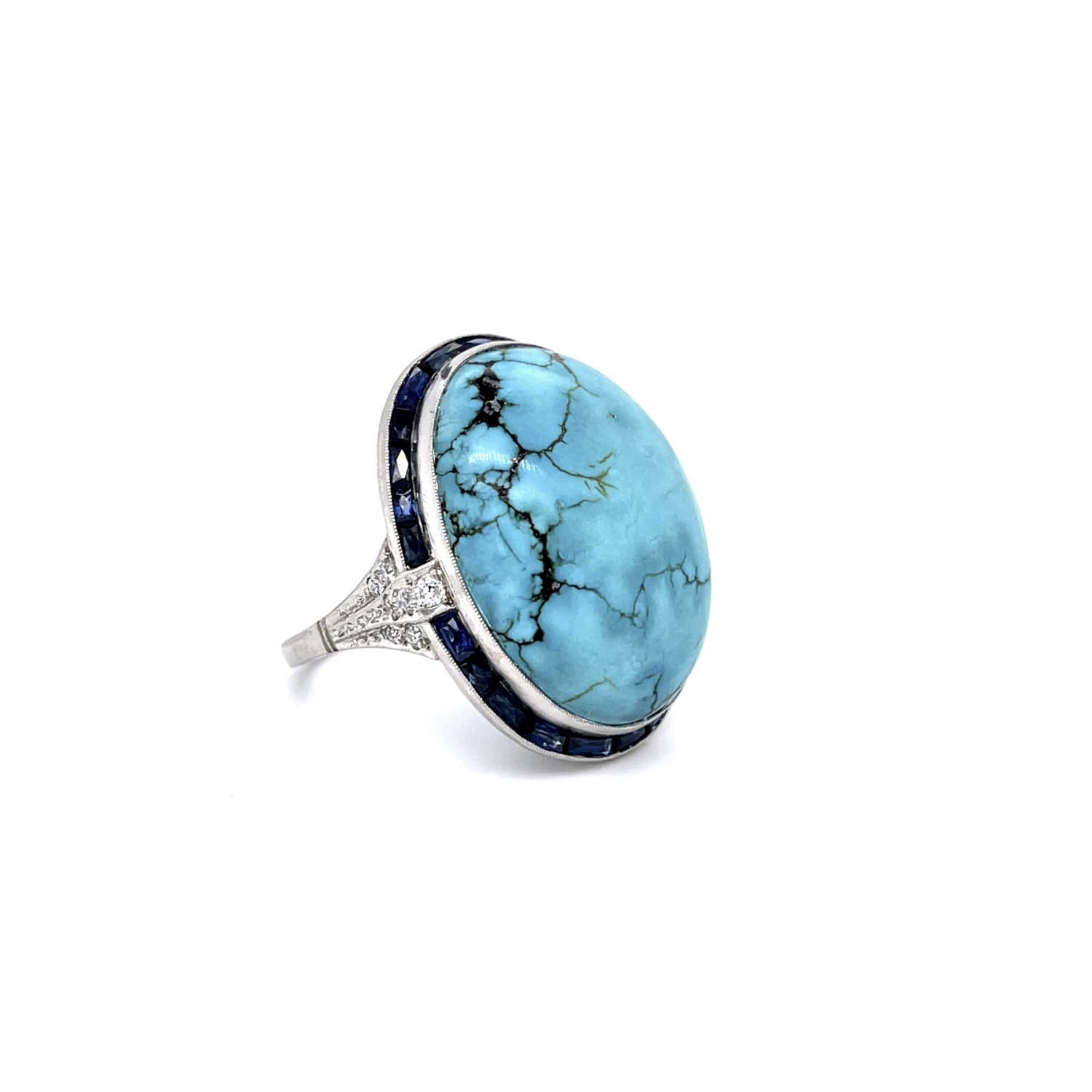 PAGE Estate Ring Estate Platinum Turquoise, French-Cut Sapphire & Diamond Ring 7