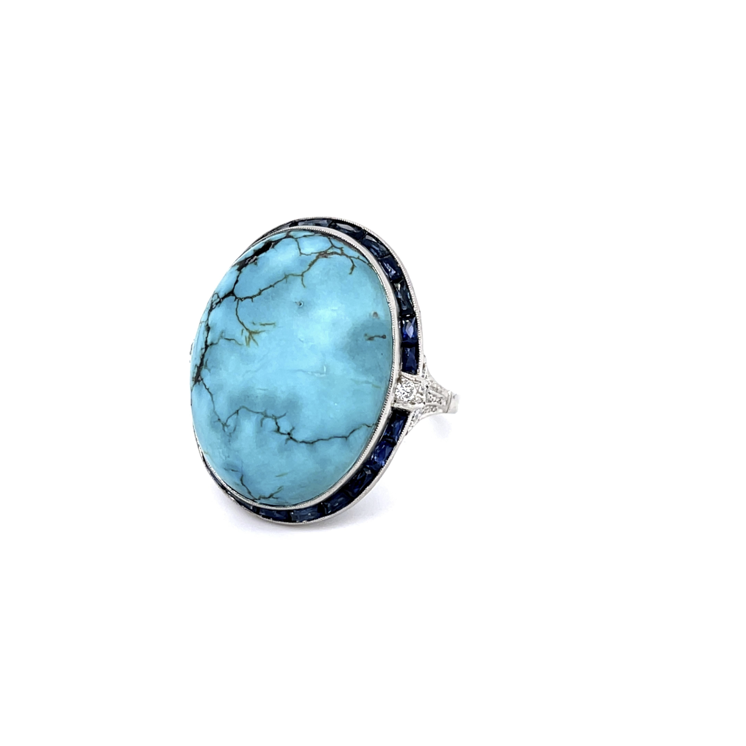 PAGE Estate Ring Estate Platinum Turquoise, French-Cut Sapphire & Diamond Ring 7