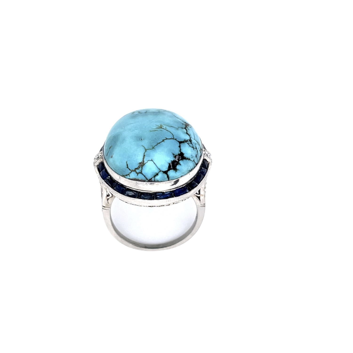 PAGE Estate Ring Estate Platinum Turquoise, French-Cut Sapphire & Diamond Ring 7