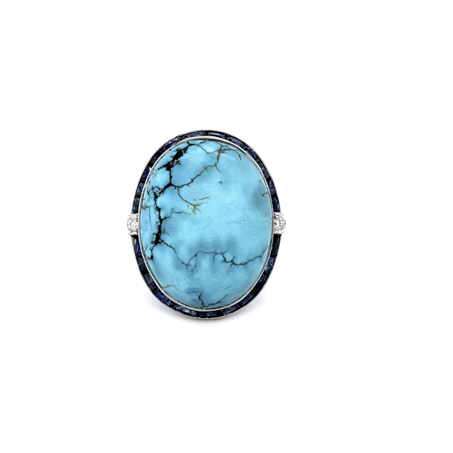 PAGE Estate Ring Estate Platinum Turquoise, French-Cut Sapphire & Diamond Ring 7