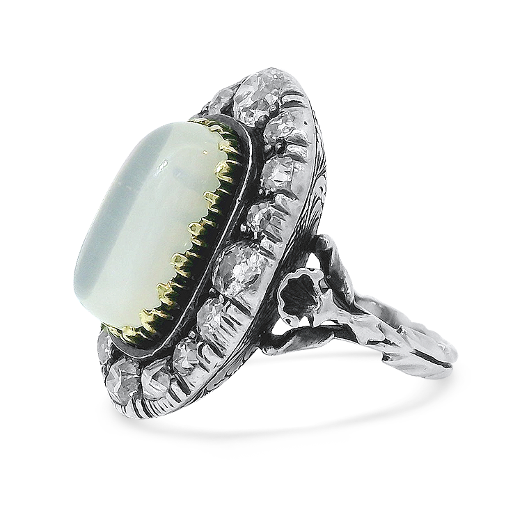 PAGE Estate Ring Estate Sterling Silver and 15K Yellow Gold Georgian Cat's Eye Moonstone and Diamond Ring 6