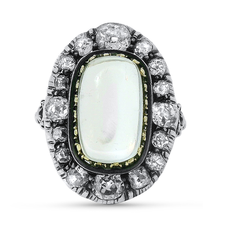 PAGE Estate Ring Estate Sterling Silver and 15K Yellow Gold Georgian Cat's Eye Moonstone and Diamond Ring 6