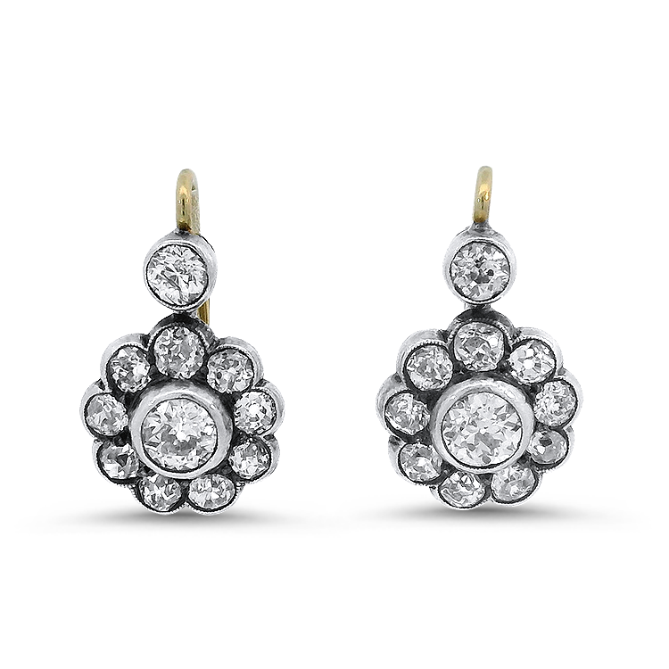 PAGE Estate Earrings Estate Sterling Silver and 18K Yellow Gold Edwardian Style Diamond Daisy Cluster Drop Earrings