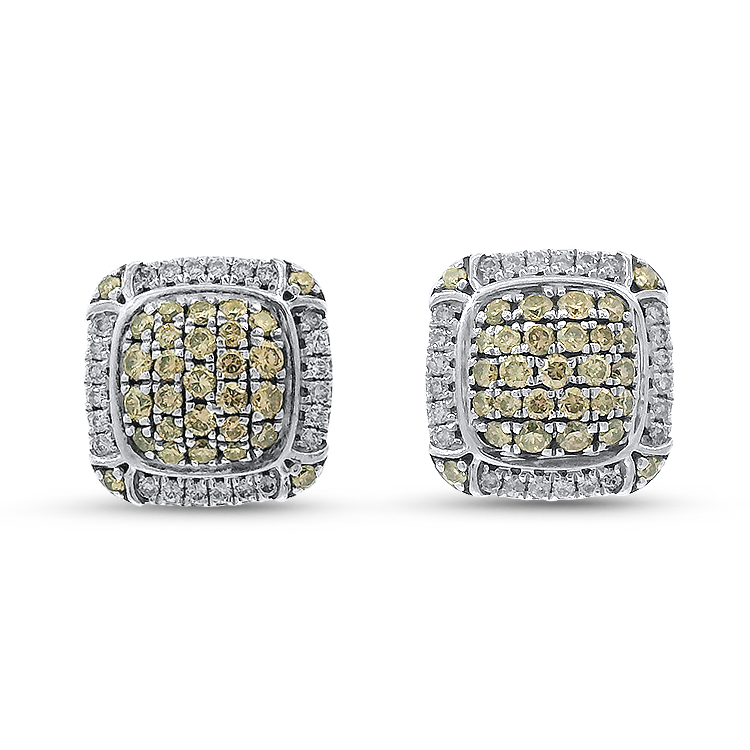 PAGE Estate Earring Estate Sterling Silver Brown & White Diamond Cushion Halo Stud Earrings