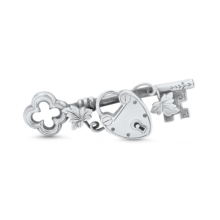 PAGE Estate Pins & Brooches Estate Sterling Silver Victorian Key and Lock Leaf Pin