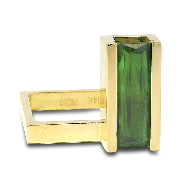 PAGE Estate Ring Estate Trisko 14K Yellow Gold Modernist Green Tourmaline Ring