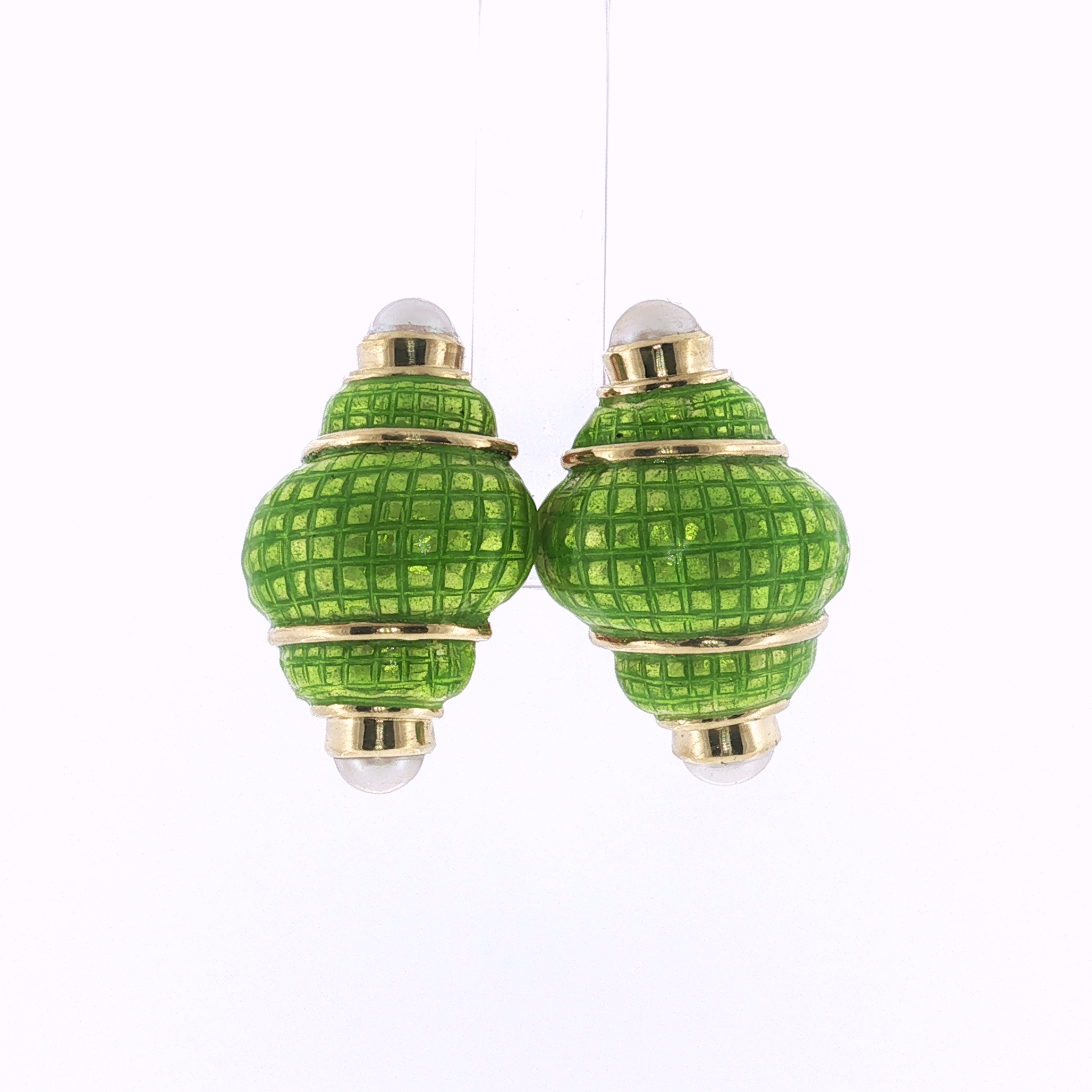 PAGE Estate Earrings Estate Vintage 18K Yellow Gold Green Enamel Pearl Shell Earrings