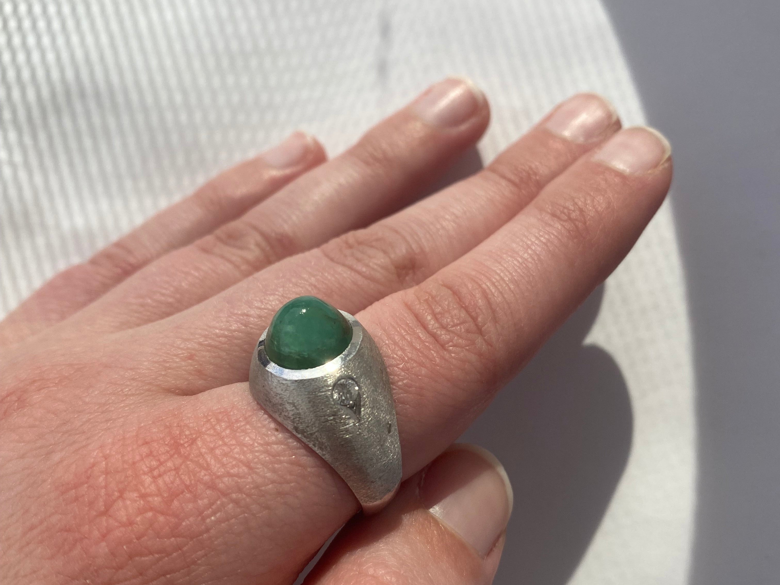 PAGE Estate Men's Jewelry Estate White Gold Gents Cabochon Emerald and Diamond Ring 9.5