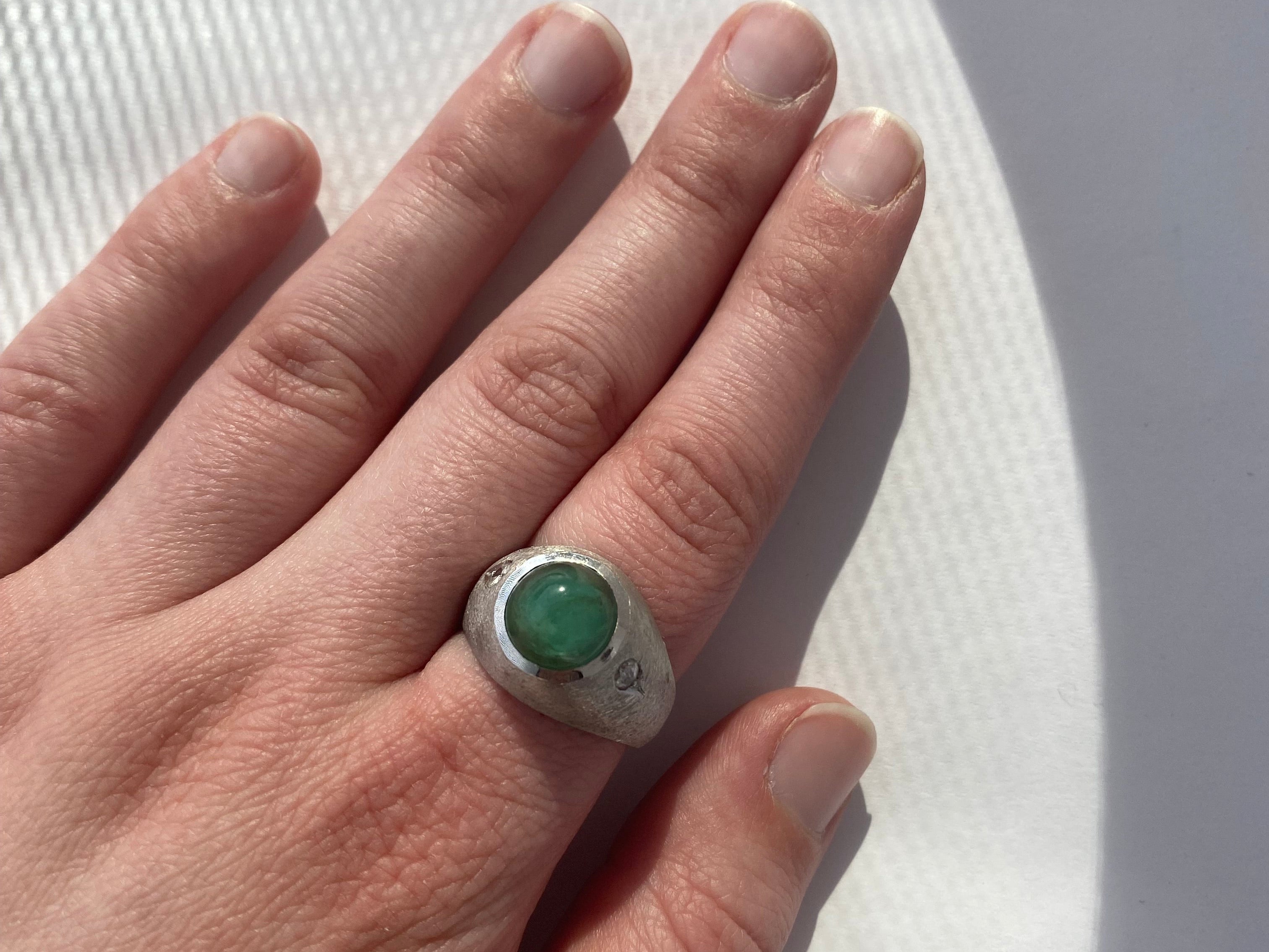 PAGE Estate Men's Jewelry Estate White Gold Gents Cabochon Emerald and Diamond Ring 9.5