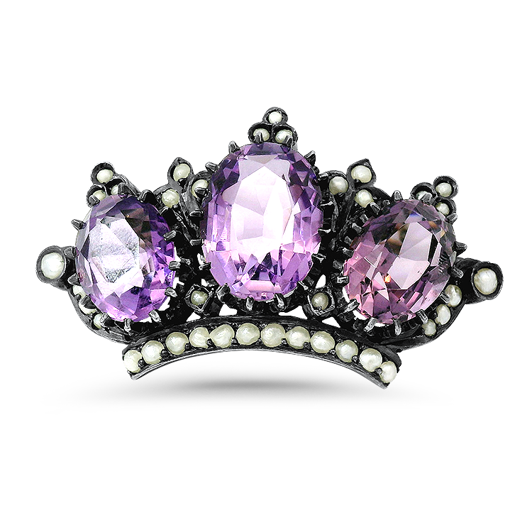 PAGE Estate Pins & Brooches Georgian Sterling Silver Amethyst and Seed Pearl Crown Brooch