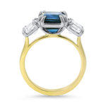 PAGE Estate Ring Springer’s Legacy Platinum and 18K Yellow Gold 3.62 Carat Sapphire and Asscher-Cut Diamond Three-Stone Ring 6.5