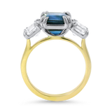 PAGE Estate Ring Springer’s Legacy Platinum and 18K Yellow Gold 3.62 Carat Sapphire and Asscher-Cut Diamond Three-Stone Ring 6.5
