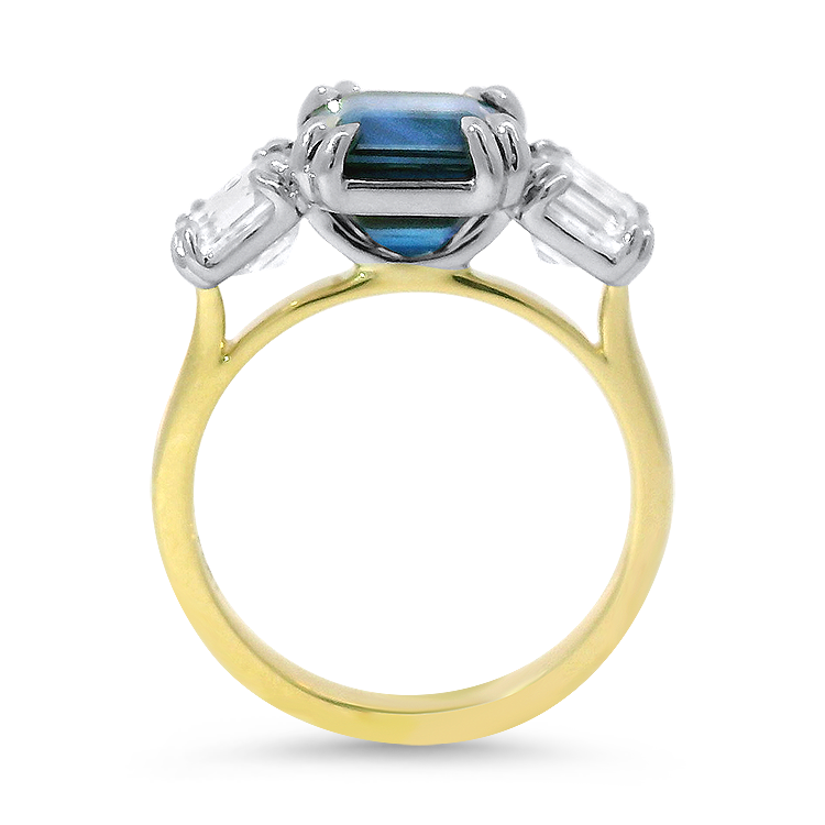 PAGE Estate Ring Springer’s Legacy Platinum and 18K Yellow Gold 3.62 Carat Sapphire and Asscher-Cut Diamond Three-Stone Ring 6.5
