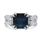 PAGE Estate Ring Springer’s Legacy Platinum and 18K Yellow Gold 3.62 Carat Sapphire and Asscher-Cut Diamond Three-Stone Ring 6.5