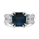 PAGE Estate Ring Springer’s Legacy Platinum and 18K Yellow Gold 3.62 Carat Sapphire and Asscher-Cut Diamond Three-Stone Ring 6.5