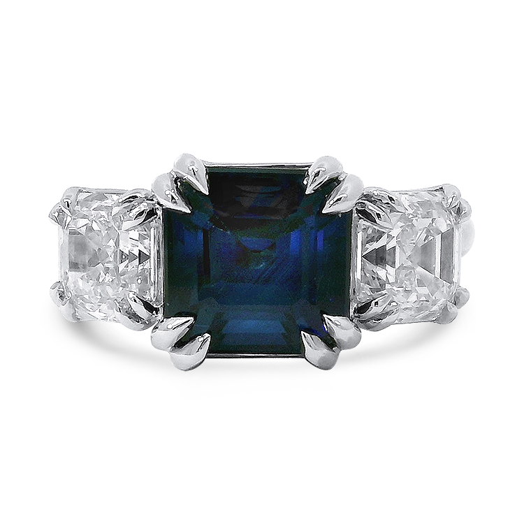 PAGE Estate Ring Springer’s Legacy Platinum and 18K Yellow Gold 3.62 Carat Sapphire and Asscher-Cut Diamond Three-Stone Ring 6.5