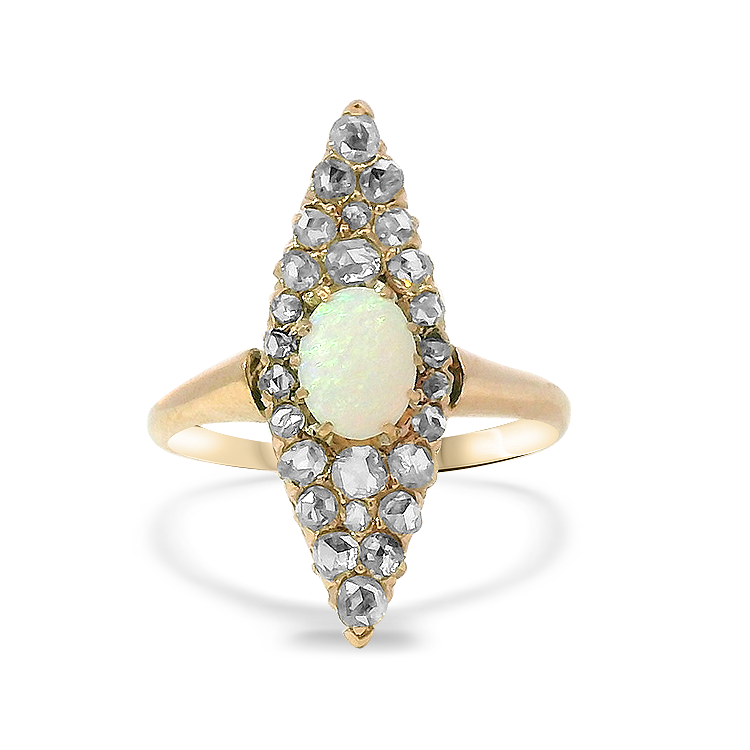 PAGE Estate Ring Victorian 14K Rose Gold Opal and Rose Cut Diamond Navette Ring 6