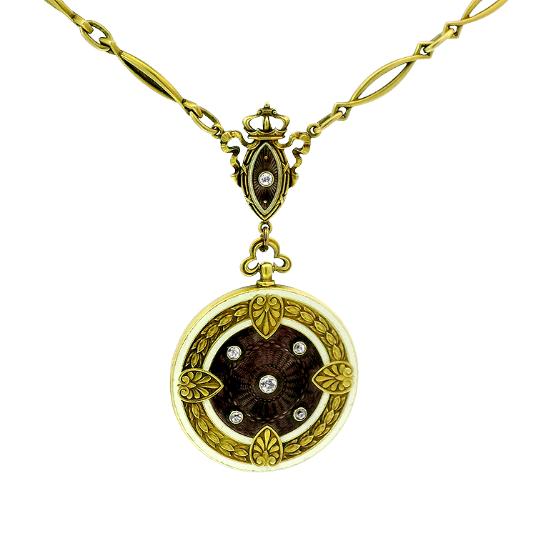 PAGE Estate Necklaces and Pendants Victorian 14k Yellow Gold and Purple Guilloché Enamel Locket Necklace