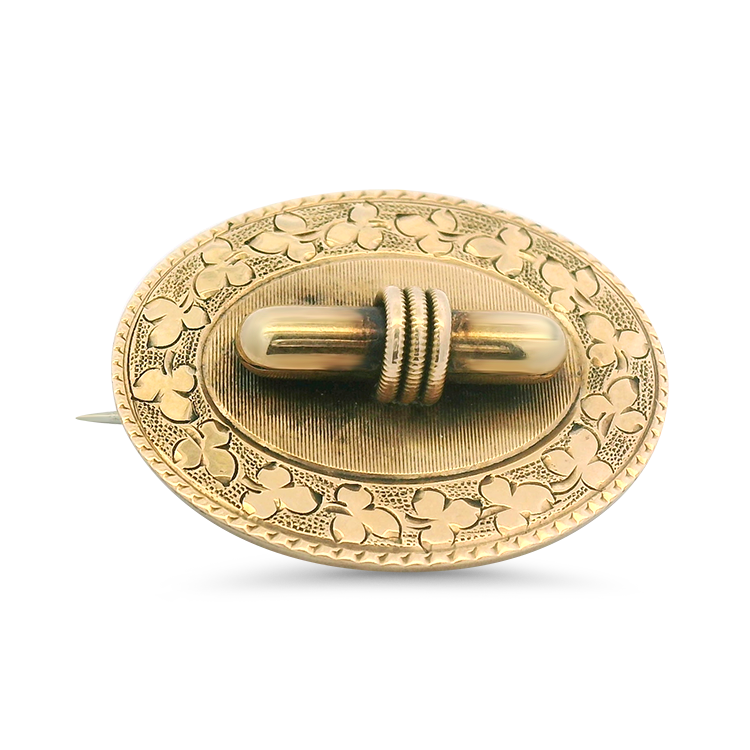 PAGE Estate Estate Jewelry Under 1k Victorian 14k Yellow Gold Floral Engraved Rim Oval Brooch