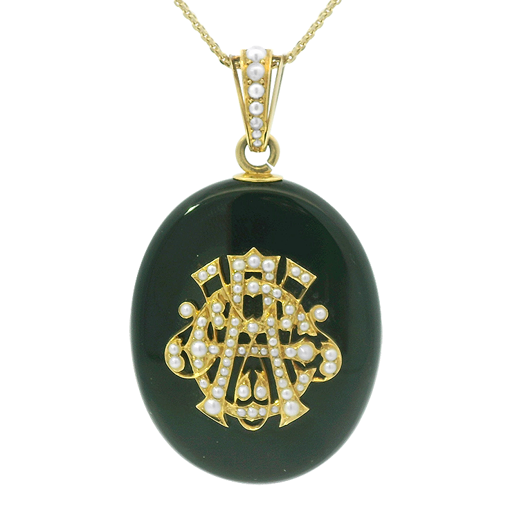 PAGE Estate Necklaces and Pendants Victorian 14K Yellow Gold Mourning Onyx & Pearl Pendant