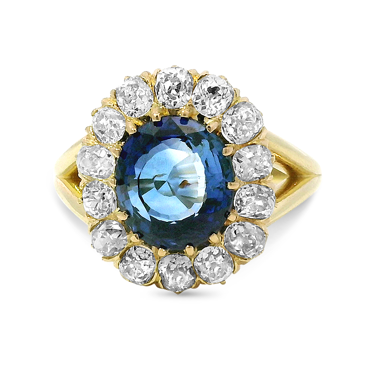 PAGE Estate Ring Victorian 14K Yellow Gold Sapphire and Old Mine-Cut Diamond Ring 6.25