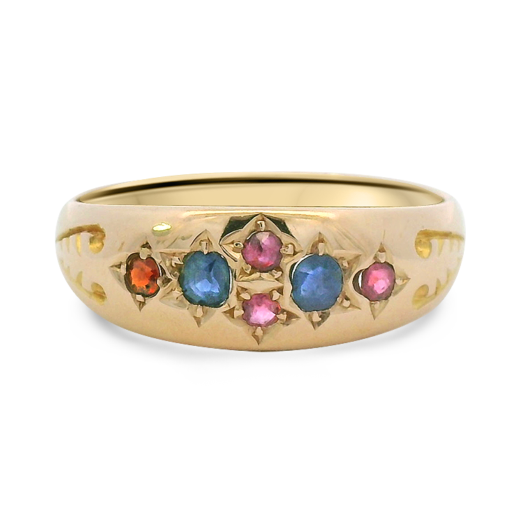 PAGE Estate Ring Victorian 15k Yellow Gold Star Ring with Garnet, Ruby & Sapphire 9.25
