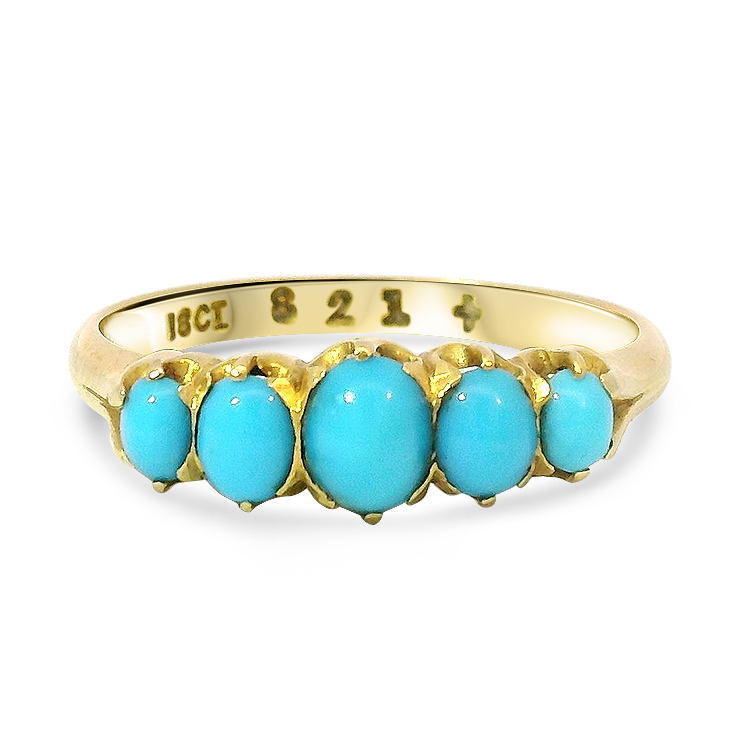 PAGE Estate Ring Victorian 18K Yellow Gold Five-Stone Turquoise Ring 7.25