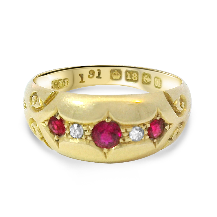 PAGE Estate Ring Victorian 18K Yellow Gold Ruby and Diamond Scroll Ring 6
