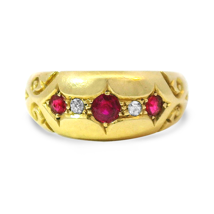 PAGE Estate Ring Victorian 18K Yellow Gold Ruby and Diamond Scroll Ring 6