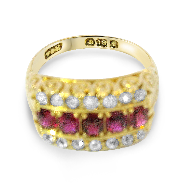 PAGE Estate Ring Victorian 18K Yellow Gold Ruby and Old European Cut Diamond Ring 7