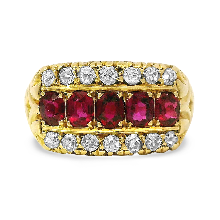 PAGE Estate Ring Victorian 18K Yellow Gold Ruby and Old European Cut Diamond Ring 7
