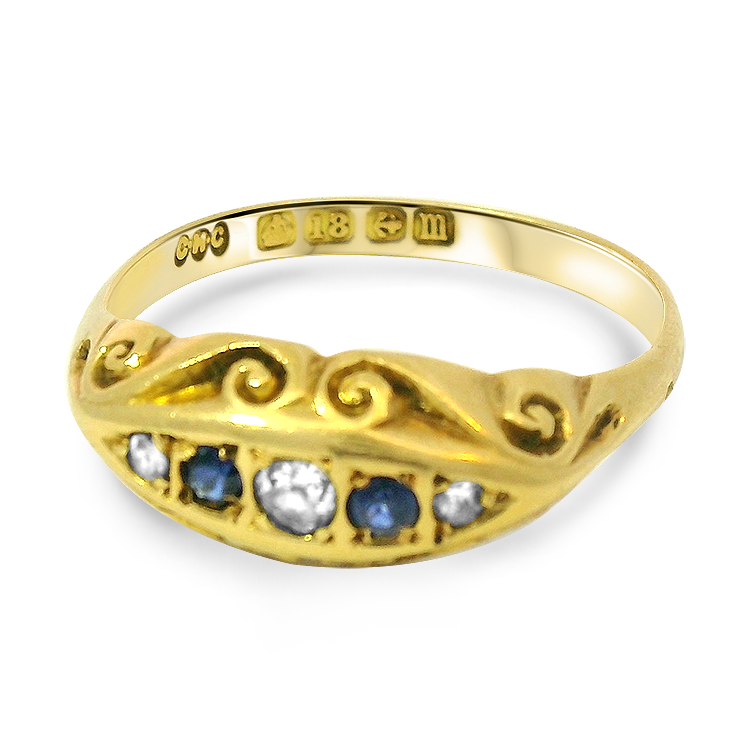 PAGE Estate Ring Victorian 18K Yellow Gold Sapphire and Diamond Scroll Ring 8