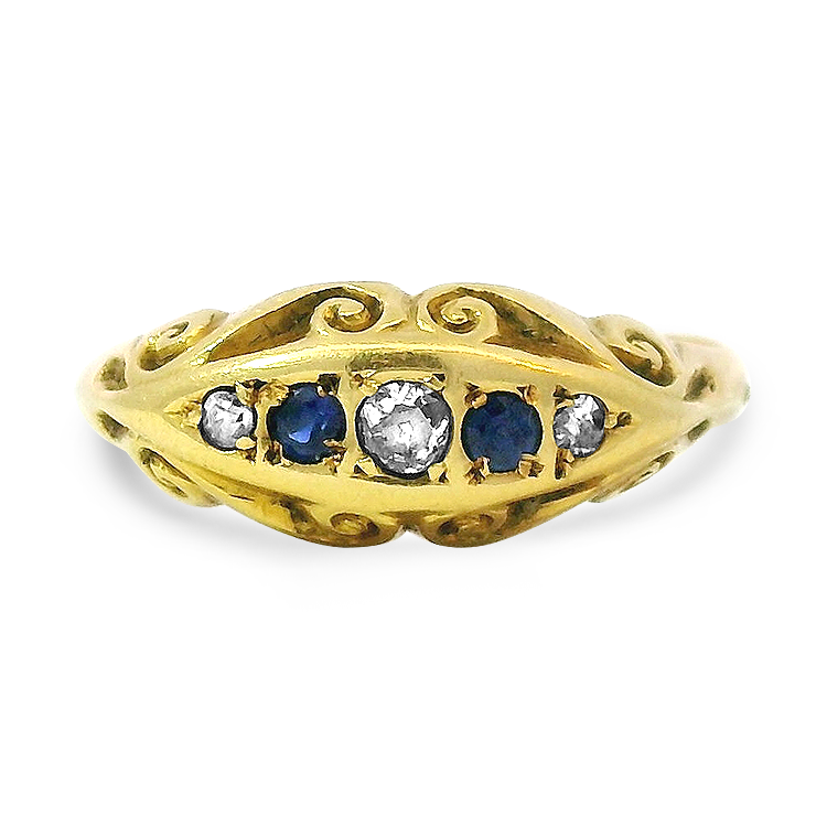 PAGE Estate Ring Victorian 18K Yellow Gold Sapphire and Diamond Scroll Ring 8