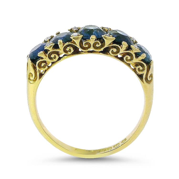 PAGE Estate Ring Victorian 18K Yellow Gold Sapphire and Diamond Scroll Ring 8.25