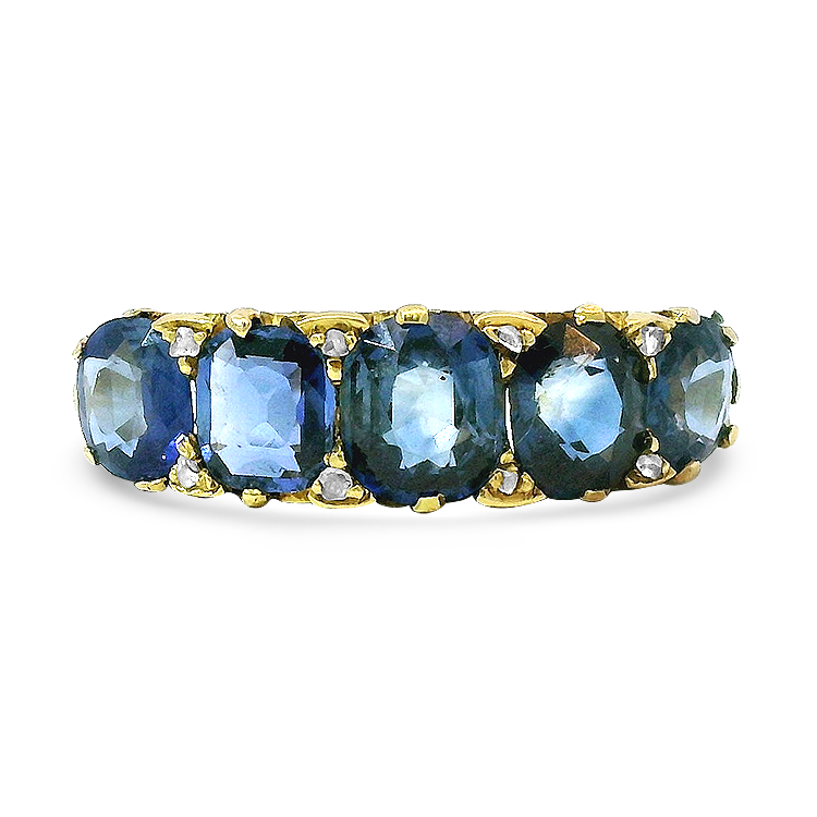PAGE Estate Ring Victorian 18K Yellow Gold Sapphire and Diamond Scroll Ring 8.25